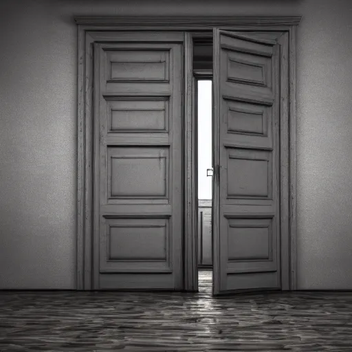 Image similar to photography, 3 d render, monster, open door, wood floor