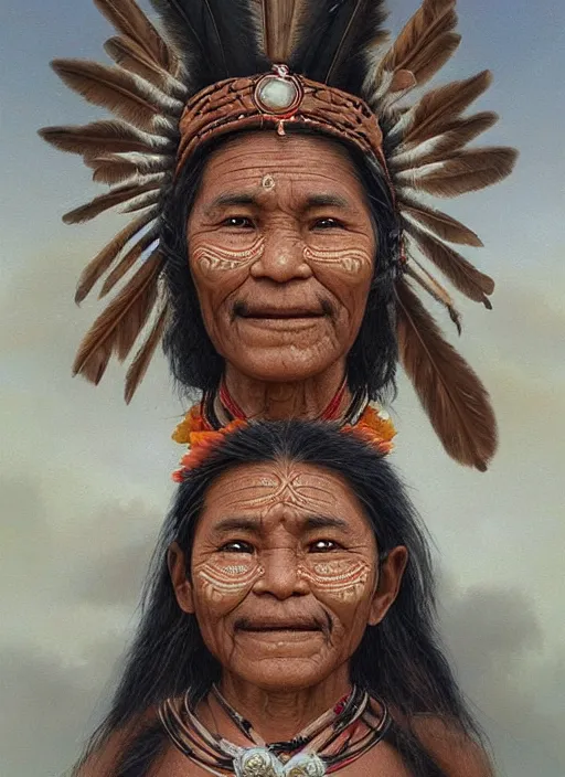 Image similar to faces of indigenous amazonian grandfathers and grandmothers spirits in the clouds, smiling, protection, benevolence, ancestors, detailed faces, hindouist painting, religious painting, art by christophe vacher