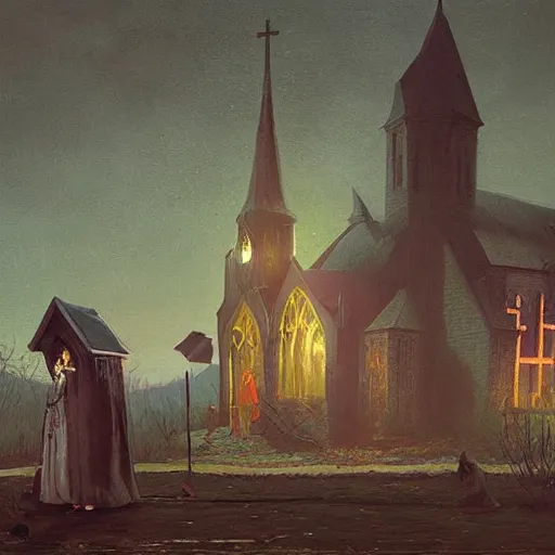 Image similar to a story about a witch begging for her life in a church, victorian painting, by simon stalenhag