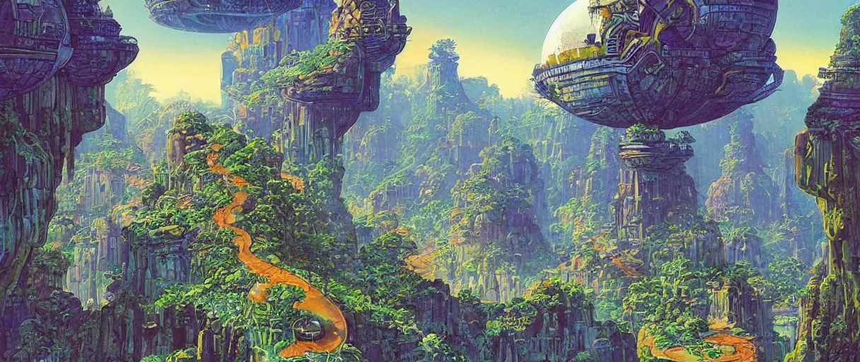 Prompt: A beautiful illustration of a domed retro futuristic garden city built across a massively deep canyon on a tropical alien world by Robert McCall | Daniel Merriam:.5 | sparth:.2 | Time white:.2 | Rodney Matthews:.2 | Graphic Novel, Visual Novel, Colored Pencil, Comic Book:.2 | unreal engine:.6 | first person perspective:.6 | establishing shot:.7