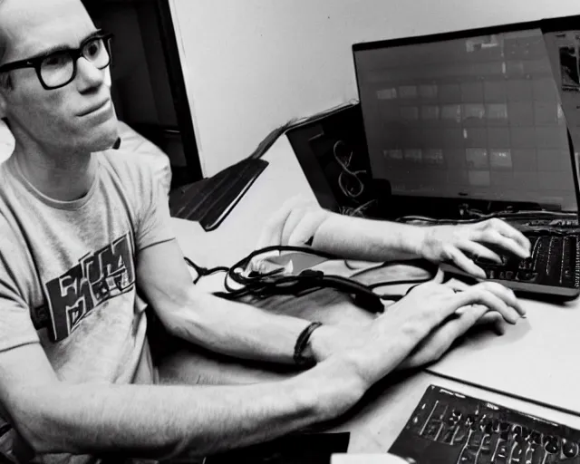 Image similar to john carmack writes code for minecraft! in pascal! on the laptop, bw photo
