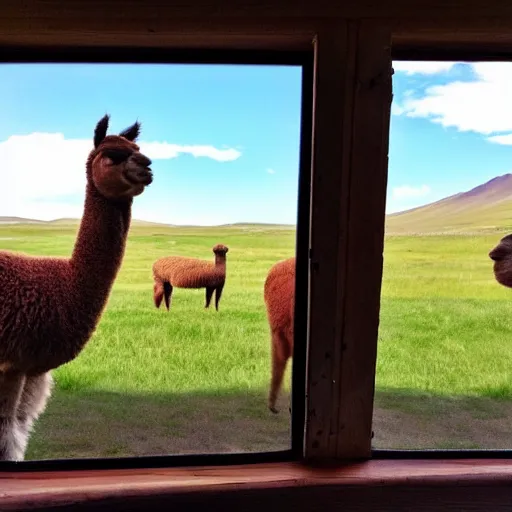 Prompt: <photograph accurate=true quality=very-high>looking out the window at a serene meadow</photograph><photobomb>alpaca</photobomb>