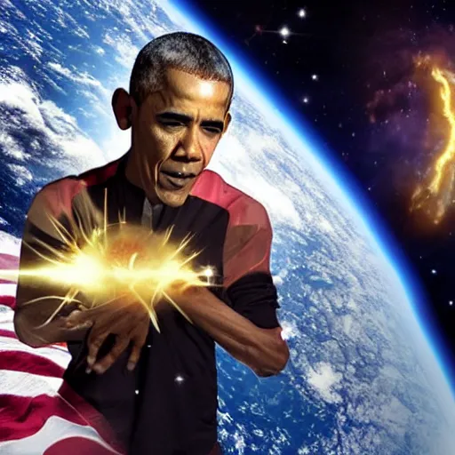 Image similar to obama fighting god in space