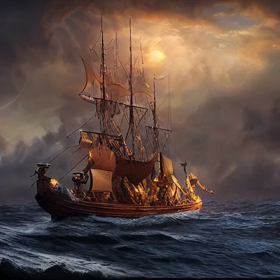 Prompt: a highly detailed 4 k fantasy matte painting of a photorealistic floating pirate ship, historically accurate