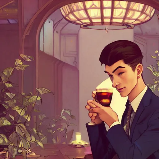 Image similar to a weasel in a suit was drinking tea, surrounded by tea houses ambient lighting, 4 k, lois van baarle, ilya kuvshinov, rossdraws, alphonse mucha, jung gi kim, artstation
