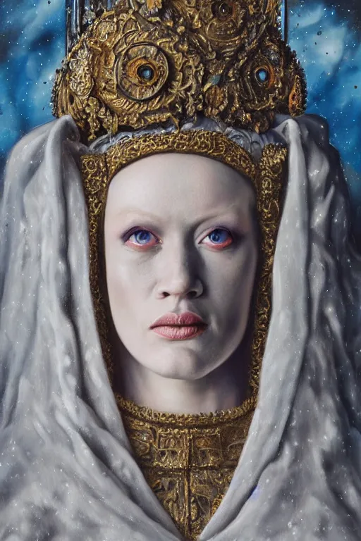 Image similar to hyperrealism oil painting, close - up portrait of albino queen medieval fashion model, knight, steel gradient mixed with nebula sky, in style of baroque