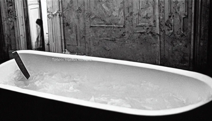 Prompt: 1 9 6 0 s movie still by tarkovsky of jean - paul marat a long knife stab his chest full of blood in a neoclassical bath, cinestill 8 0 0 t 3 5 mm b & w, high quality, heavy grain, high detail, panoramic, cinematic composition, dramatic light, anamorphic, raphael style, piranesi style