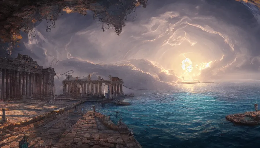 Prompt: Underwater illuminated greek city under dome, hyperdetailed, artstation, cgsociety, 8k