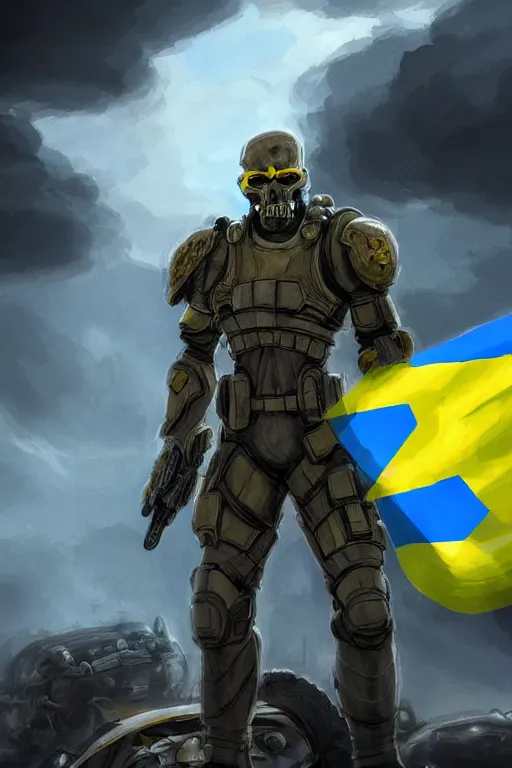 Prompt: a full body shot from distance of a super soldier with a Ukrainian blue and yellow stripes flag standing in the beam of light from the clouds on a pile of skulls and rotten cars as a winner, masculine figure, D&D, fantasy, intricate, elegant, highly detailed, digital painting, artstation, concept art, matte, sharp focus, symmetrical, illustration, art by Artgerm and Greg Rutkowski and Alphonse Mucha