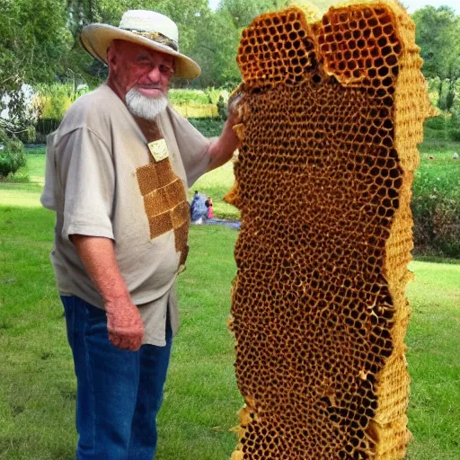 Prompt: an old man that looks like a honeycomb, bees in the background