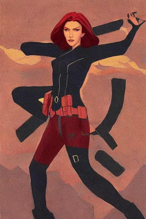 Image similar to black widow ( natasha romanova ), marvel, artwork by nicholas roerich,