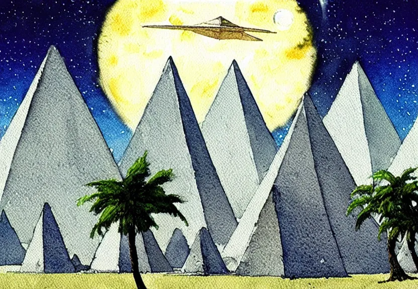 Image similar to a simple watercolor fantasy concept art of several large white pyramids with a dark grey boxy ufo from independence day ( 1 9 9 6 ) next to a palm tree at night with white pyramids in the background. by studio ghibli, rebecca guay, michael kaluta, charles vess