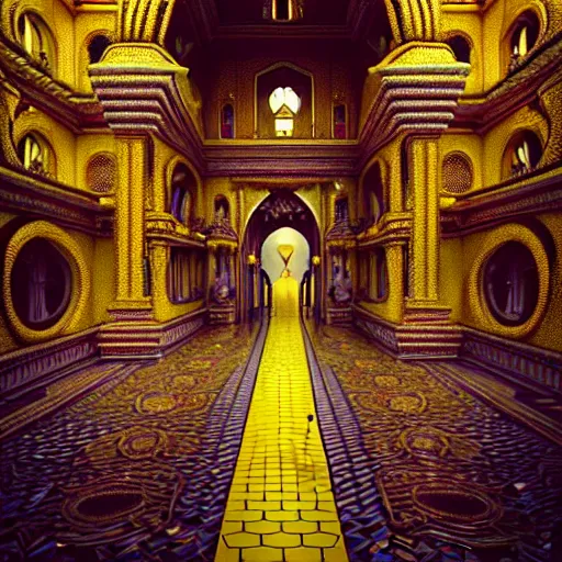 Image similar to emerlad palace at the end of a yellow brick road : : by michal karcz, daniel merriam, victo ngai and guillermo del toro : : ornate, dynamic, particulate, intricate, elegant, highly detailed, centered, artstation, smooth, sharp focus, octane render, 3 d