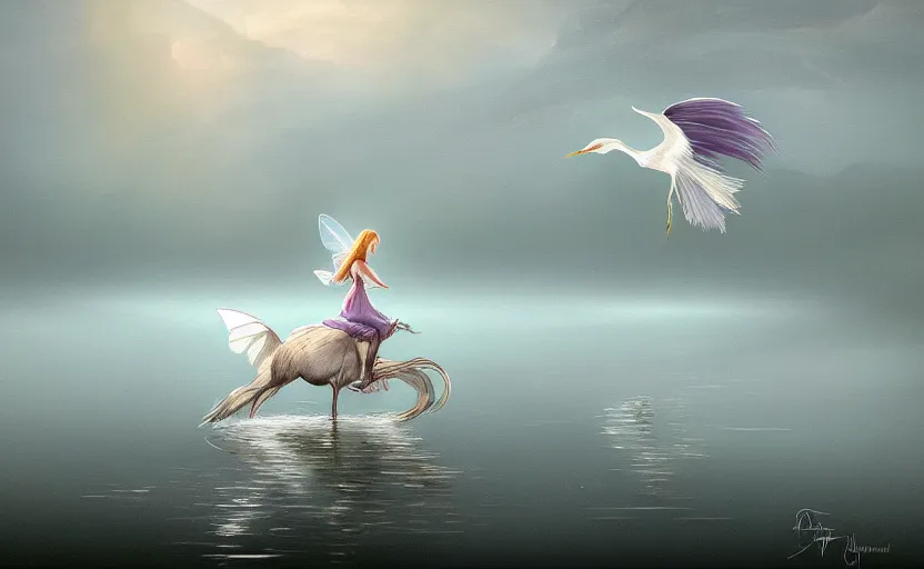Prompt: digital oil painting of a fairy riding a heron high over a misty nighttime lake, ambient lighting, light bloom, cool lighting, trending on artstation