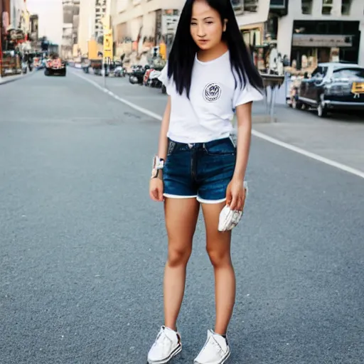 Prompt: street photography 6 young asian women wearing white sneakers, high waisted mom jeans, tucked in t - shirt, baseball cap, ponytails