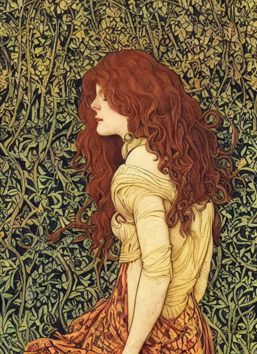 Image similar to masterpiece beautiful seductive flowing curves pose preraphaelite portrait photography, extreme close up, straight bangs, thick set, yellow ochre ornate medieval dress, mushroom forest arch, amongst foliage, william morris and kilian eng and mucha, framed, 4 k