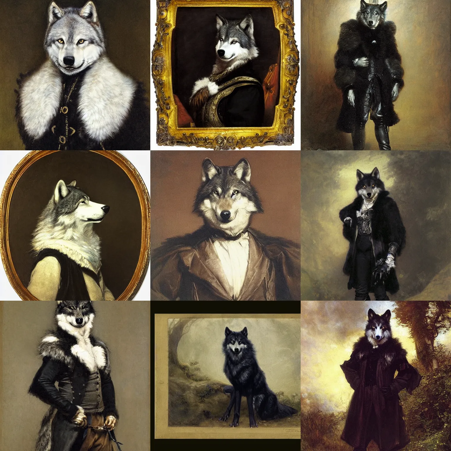 Image similar to a portrait of an anthropomorphic wolf wearing a black doublet, furry fursona, victorian era masterwork, by samuel luke fildes, painting