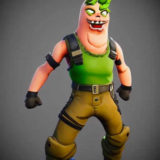 Image similar to fortnite character anthropomorphic pickle with kind eyes and a derpy smile. wearing a flak jacket ammo bandolier cargo pants black combat boots. fortnite, unreal engine, highly detailed