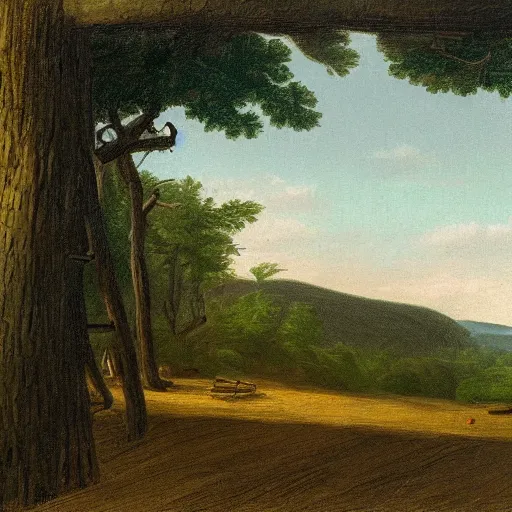 Prompt: Woodcutter Cabin in 1750,viewed by Thoreau, in the style of the Hudson River School