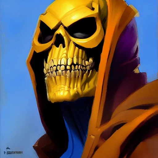 Image similar to Greg Manchess portrait painting of Skeletor as Overwatch character, medium shot, asymmetrical, profile picture, Organic Painting, sunny day, Matte Painting, bold shapes, hard edges, street art, trending on artstation, by Huang Guangjian and Gil Elvgren and Sachin Teng