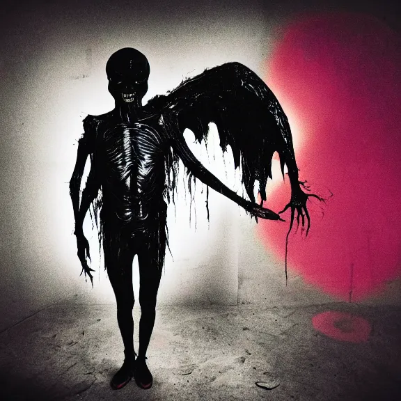 Image similar to a dark artistic photo of an alien creature with crazy wings, liminal eerie midnight backlit, big budget horror, a polaroid photo, bleeding decaying colors!