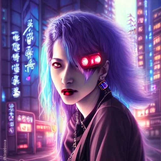 Image similar to a portrait of vampire of clan banu haqim, light brown skin, night, long light blue hair, cyberpunk city, neon signs, bangles an ultrafine detailed painting by ayami kojima, cgsociety, fantasy, anime digital art, lovecraftian, cosmic horror, detailed painting