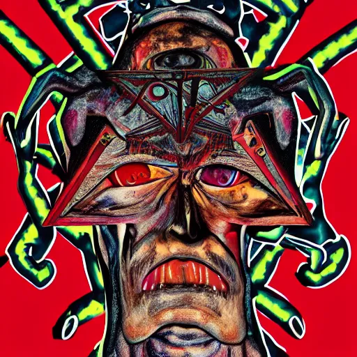 Image similar to portre of an autistic demon on acid, masonic and kabalistic symbols in background, digital art, 8k, delicate details