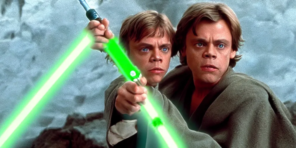 Image similar to a still from a film featuring clean shaven mark hamill as jedi master luke skywalker, holding a green lightsaber by the hilt, 3 5 mm, directed by steven spielberg, 1 9 9 4