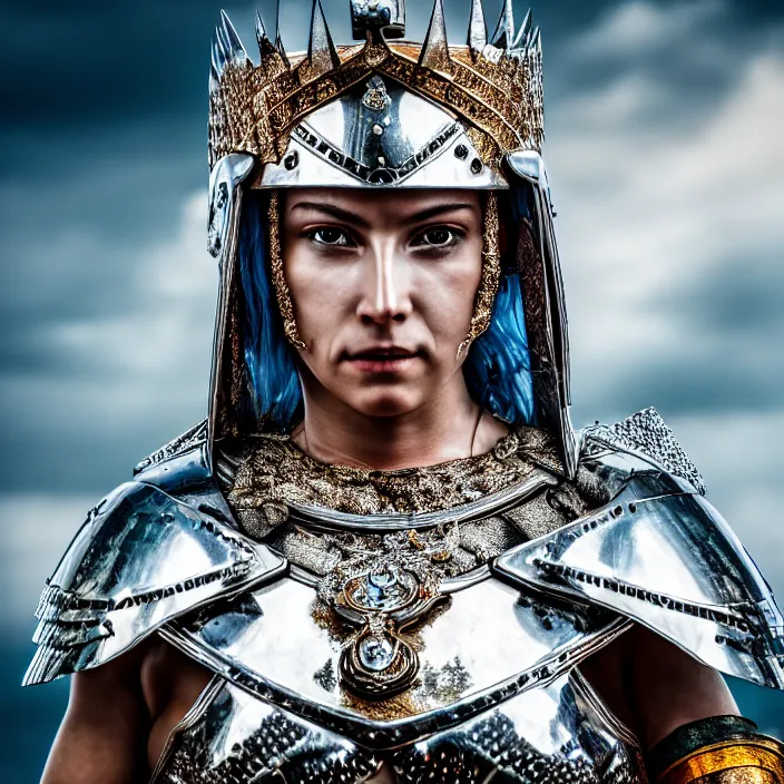 Image similar to photo of a warrior queen wearing diamond encrusted armour, highly detailed, 4 k, hdr, smooth, sharp focus, high resolution, award - winning photo