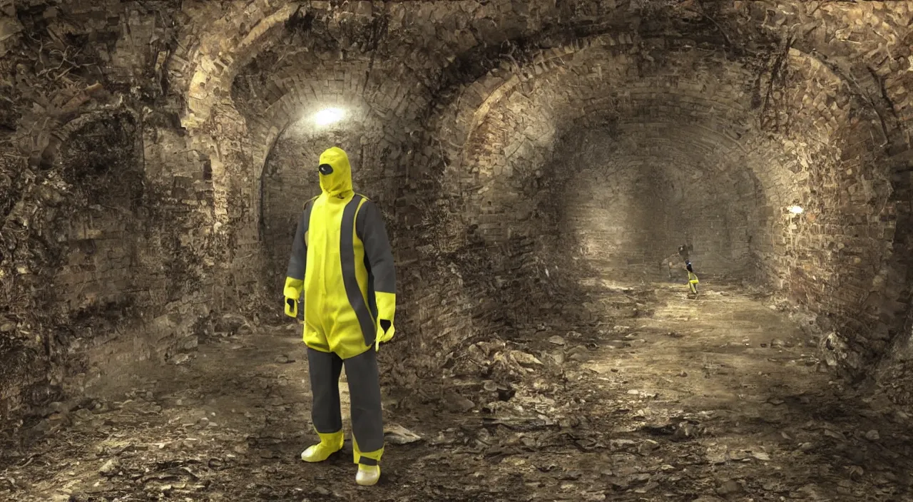 Image similar to a single man in hi viz hazmat suit wanders around a crumbling victorian london sewer, stunning render, high octane, 3 d, cinematic lighting