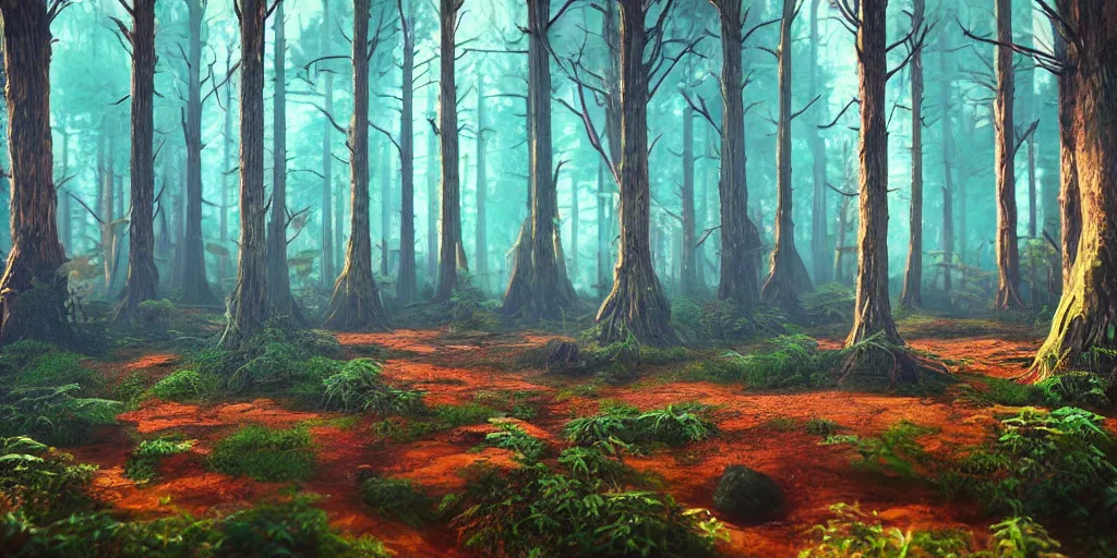 Prompt: abstract 3d landscape forest painting by james jean and David Schnell with 100 year old trees painted in no mans sky style, redshift, octane