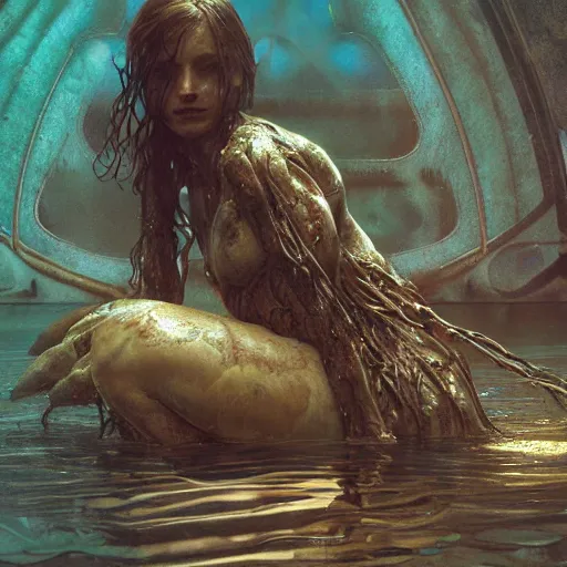 Image similar to a photograph of a create made out of a humanoid nervous system submerged and rusted in the water, cinematic, volumetric lighting, f 8 aperture, cinematic eastman 5 3 8 4 film, photorealistic by greg rutkowski, by stanley artgerm, by alphonse mucha