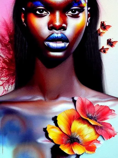 Image similar to double exposure portrait of duckie thot with a floral background : : painted by artgerm, karol bak, artur bordalo, sandra chevrier : : portrait, character, illustration, hyperrealism, photorealism,