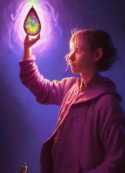 Image similar to portrait of a wizard eating baked beans and casting magical spells with rainbow energy, intricate, elegant, purple, glowing lights, highly detailed, digital painting, artstation, concept art, smooth, sharp focus, illustration, art by wlop, mars ravelo and greg rutkowski