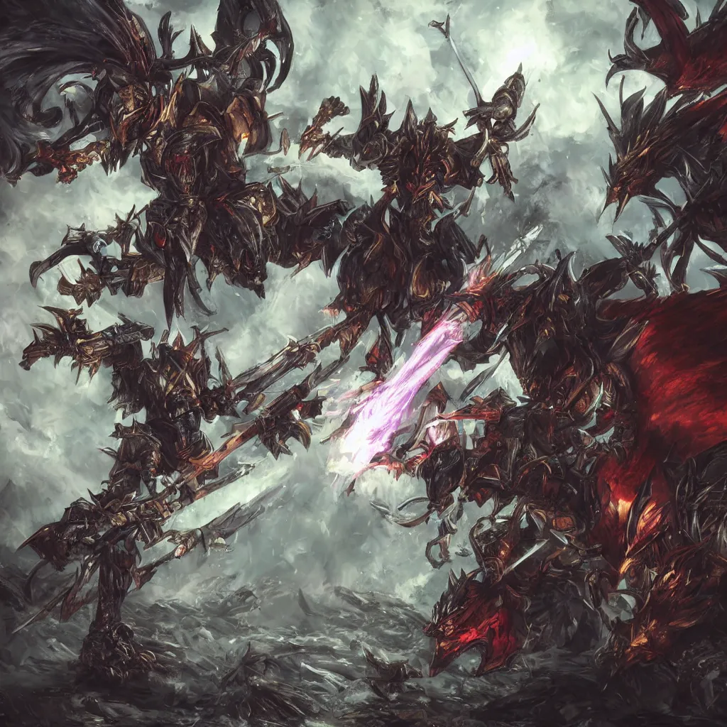 Prompt: a knight fighting bahamut from final fantasy in the woods, highly detailed, digital art, sharp focus, trending on art station, warhammer 4 0 k fantasy