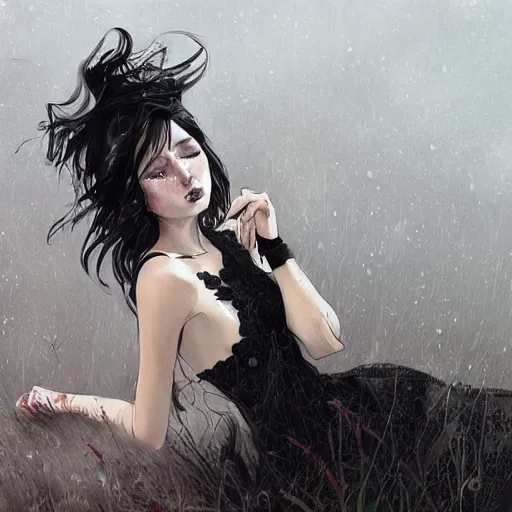 Prompt: a girl wearing a black lace dress and thigh highs sat on a hill during a rainstorm, digital art, beautiful face, expressive oil painting, by conrad roset, by yoshitaka amano, by artgerm, volumetrics, mood