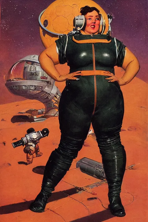 Image similar to 5 0 s pulp scifi fantasy illustration full body portrait cheerful overweight woman in leather spacesuit on mars, by norman rockwell, roberto ferri, daniel gerhartz, edd cartier, jack kirby, howard v brown, ruan jia, tom lovell, frank r paul, jacob collins, dean cornwell, astounding stories, amazing, fantasy, other worlds