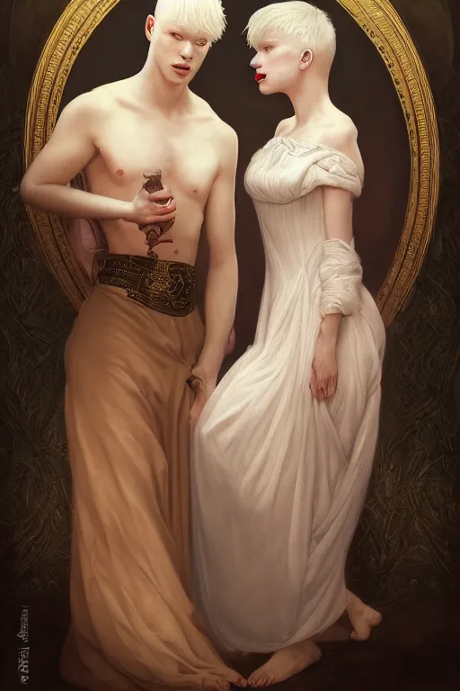 Image similar to a portrait of handsome young male albino Satan and his elegant beautiful albino wife, bored, illustration, dramatic lighting, soft details, painting oil on canvas, art nouveau, octane render, HDR, 4k, 8k, HD, by Edmund Blair Leighton, Brom, Charlie Bowater, trending on artstation, faces by Tom Bagshaw, Sargent