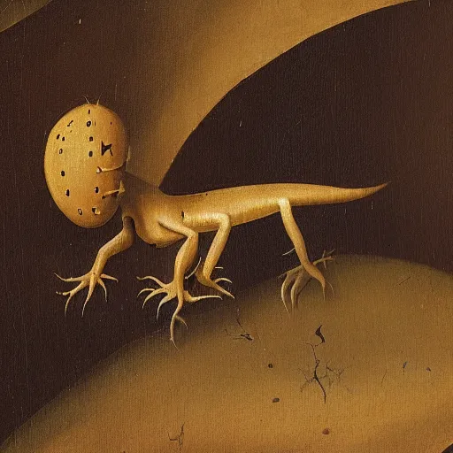 Image similar to A hieronymus bosch painting of a strange lizard wandering through a desert