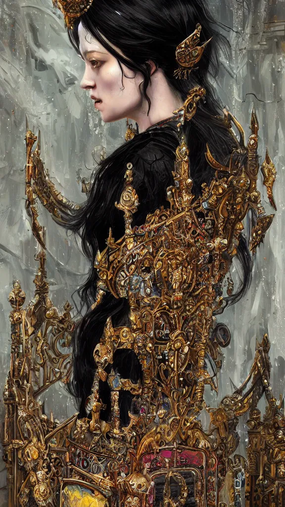 Image similar to painting of a beautiful black haired woman with pale skin and a crown on her head sitted on an intricate metal throne, illustration, artistic, colorful, hyper detailed, in the style of greg rutkowski,