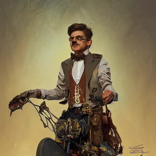 Image similar to charles elmer rip taylor jr, portrait, western, steampunk, flamboyant duster, fantasy, intricate, elegant, highly detailed, digital painting, artstation, concept art, sharp focus, illustration, art by artgerm and greg rutkowski and alphonse mucha