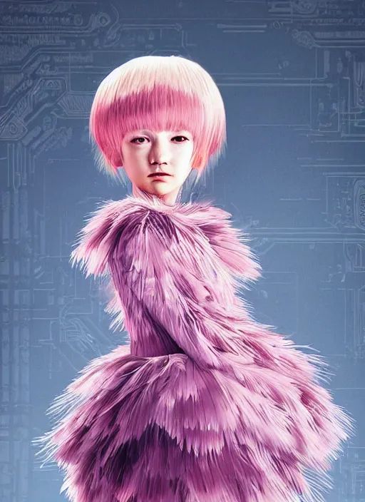 Image similar to little girl with an eccentric haircut wearing an dress made of feathers, artwork made by ilya kuvshinov and hirohiko araki, full character