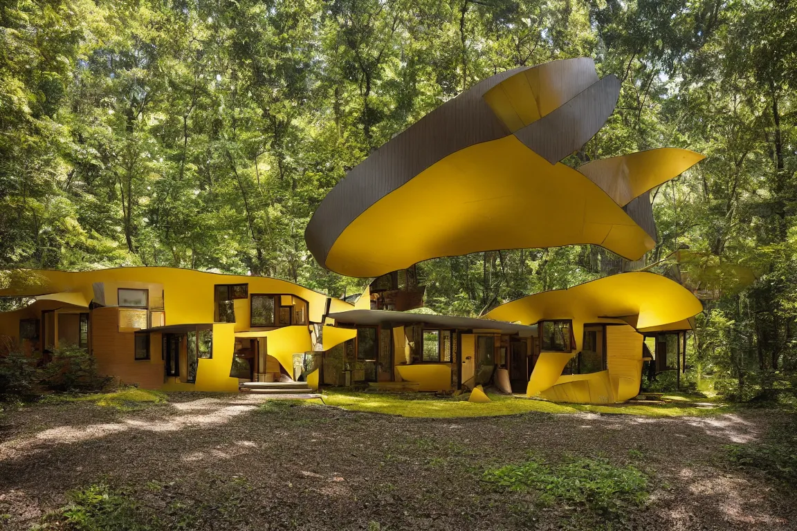 Image similar to a mid century modern house in a forest, designed by Frank Gehry. Tiles. Small gravel driveway . Film grain, cinematic, yellow hue