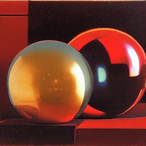 Prompt: chrome spheres on a red cube by frederic leighton