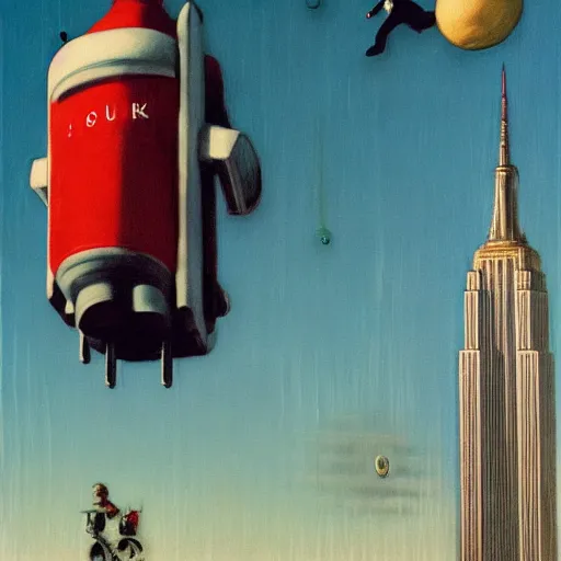 Image similar to Jetpack Santa flying past the empire state building greg rutkowski giorgio de chirico john currin clarence holbrook carter mark ryden simon stalenhag