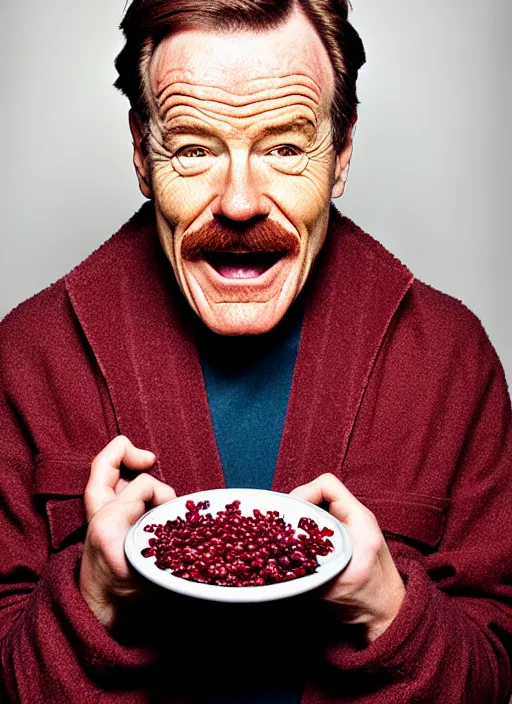 Image similar to bryan cranston bulging cheeks eating cranberries, open mouth filled with cranberries, studio light, bloom, detailed face, magazine, press, photo, steve mccurry, david lazar, canon, nikon, focus