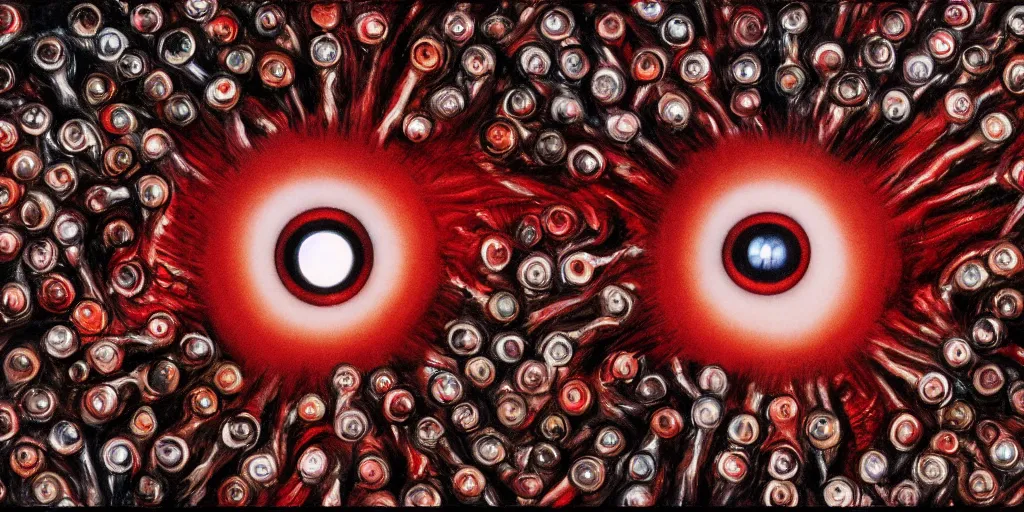 Prompt: a single blood - red eyeball is in the center of the picture, surrounded by apostles of god, 4 k resolution, by miura kentaro, ultra detailed,