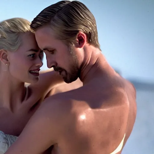 Image similar to still of ryan gosling and margot robbie, in pomepei ( 4 0 bc )