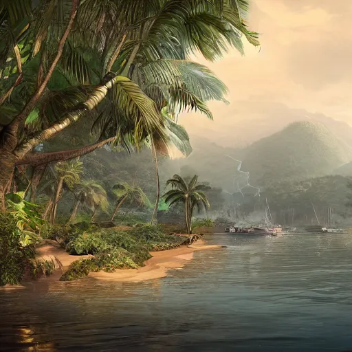 Image similar to Large port on the shore of the island with the jungle, 8k, detailed, concept art, trending on artstation