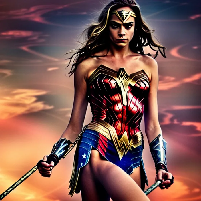 Image similar to professional full length photograph of cara delevingne as wonder woman. Extremely detailed. 8k